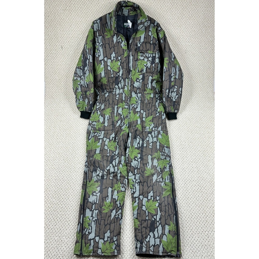 Vtg Saftbak Coveralls Mens L Trebark Camo Insulated Zip Leg Jumpsuit USA Made